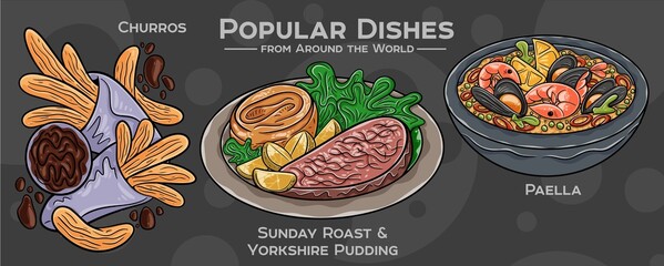 Global Culinary Collection: A hand-drawn set featuring iconic and beloved dishes from diverse cuisines around the world. Churros, sunday roast, paella.