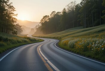 Fototapeta premium A serene winding road cutting through lush countryside with vibrant wildflowers and trees, illuminated by a golden sunrise.