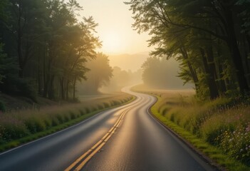 Fototapeta premium A serene winding road cutting through lush countryside with vibrant wildflowers and trees, illuminated by a golden sunrise.