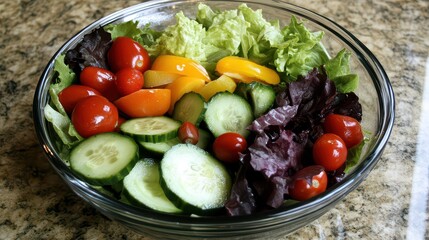 Freshly prepared salad with vibrant vegetables in a glass bowl on a kitchen countertop