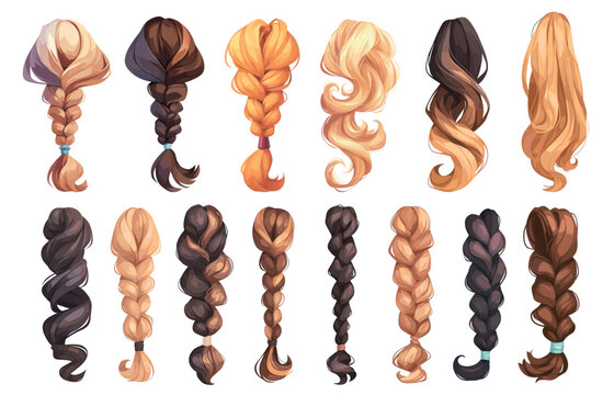 long hair cartoon set. female strand hairstyle pigtail ponytail, blonde brunette brown-haired redhead styling weaving wig from behind beauty vector illustration