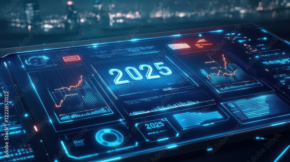 Poster futuristic digital dashboard displaying analytics and projections for the year 2025 at night