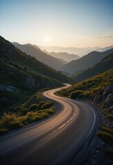 A winding mountain road surrounded by rolling green hills and bathed in warm sunrise light, creating a serene landscape.