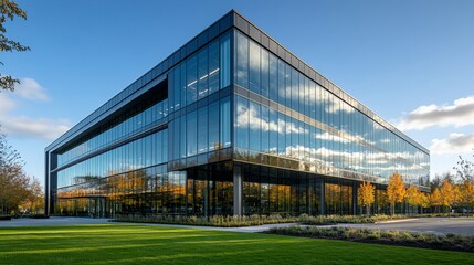 Obraz premium Modern glass office building with sky and clouds reflecting on its exterior, landscape around