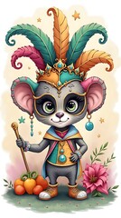 Naklejka premium Festive character dressed in vibrant costume with colorful feathers and accessories at a joyful celebration