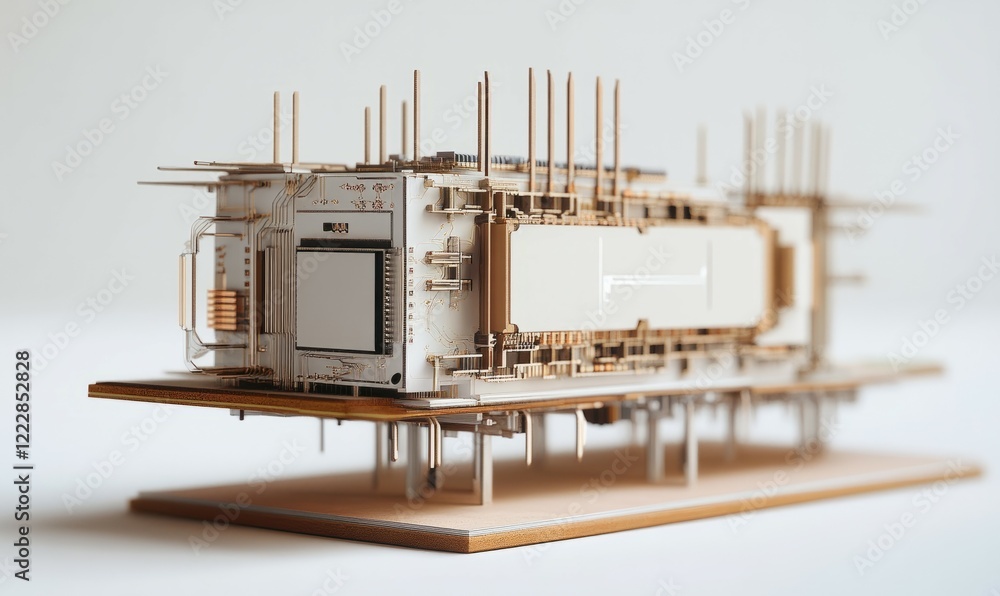 Poster isolated microchip structure with circuit connections, showcasing technology and innovation