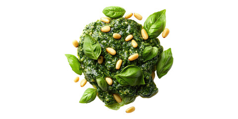 Pesto sauce with basil leaves and pine nuts isolated on transparent background