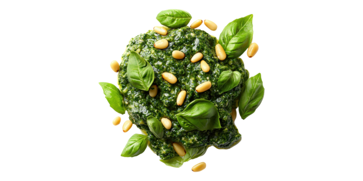 Pesto sauce with basil leaves and pine nuts isolated on transparent background