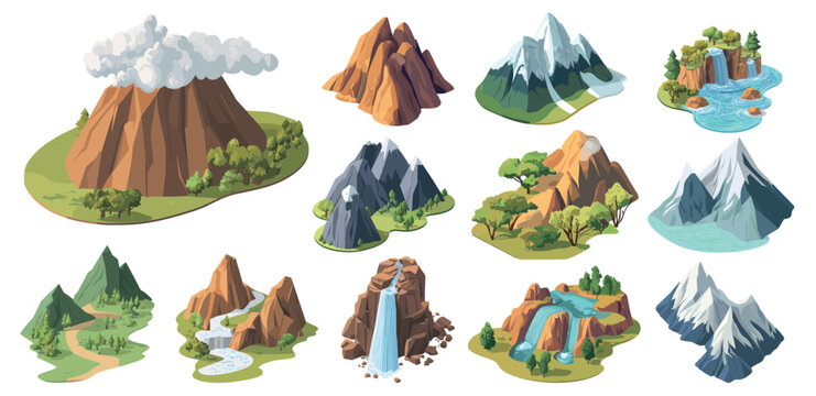 mountains isometric cartoon set. mountain rock waterfall, element nature summer snowy peaks mountainous rocky landscape vector illustration