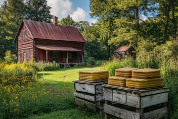 Rustic farmhouse nestled among blooming fields and vibrant beehives under a bright sky. Generative AI