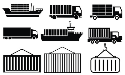 Delivery Truck icon set. Express delivery trucks icons. Fast shipping truck. Free delivery 24 hours. Logistic trucking sign. Vector illustration, Ships, boats, cargo, logistics, transportation and shi