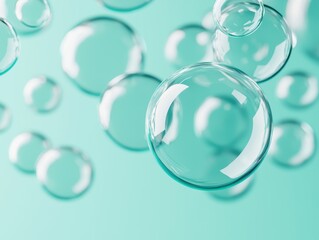 Translucent globes filled with swirling liquid light, floating mid-air in a gradient environment of soft blues and greens