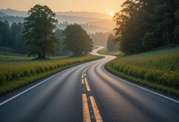 Obraz premium Mountain road winding through hills at sunrise 