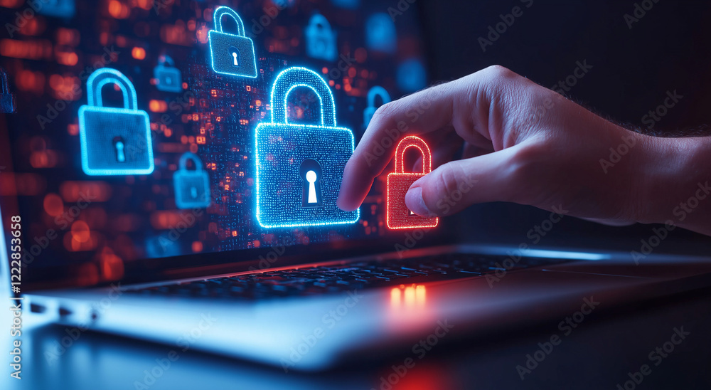 Poster hand is interacting with digital padlock icon on laptop screen, symbolizing cybersecurity and data p