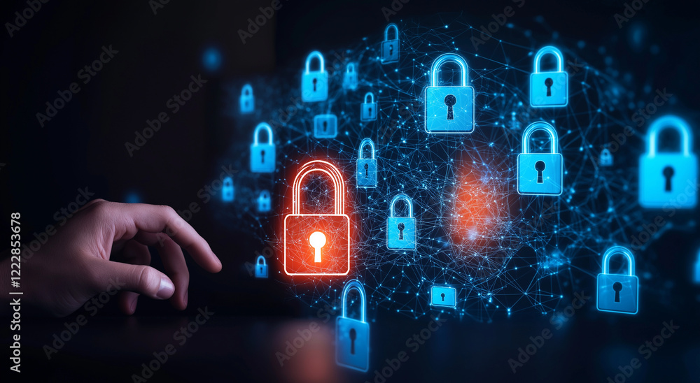 Aufkleber person interacting with digital interface displaying glowing padlock icons, symbolizing cybersecurit
