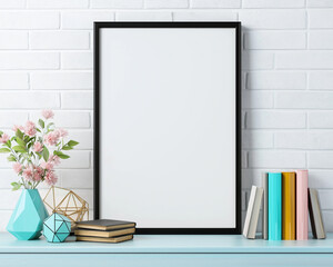 mockup of empty black frame on console table with decorative items, including vase of flowers, books, and geometric shapes, creating stylish and modern atmosphere