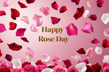 "Rose petals in shades of red, pink, and white floating in the air, creating a dreamy, magical effect. The background is a soft pink gradient, with the words 'Happy Rose Day' written in gold letters."
