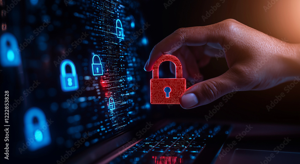 Poster hand touches red padlock on digital screen, symbolizing cybersecurity and data protection. glowing l