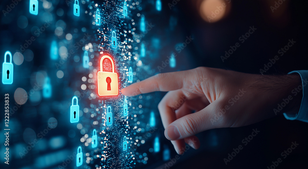 Poster person touching digital screen with glowing padlock icons, symbolizing cybersecurity and data protec