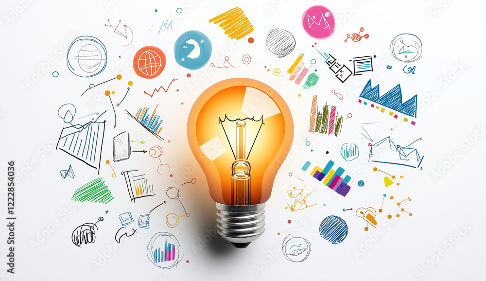Poster artistic representation of light bulb surrounded by colorful sketches and graphs, symbolizing creati