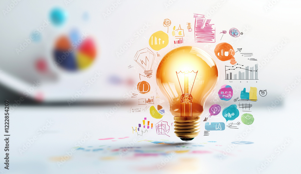 Poster artistic representation of light bulb surrounded by colorful ideas and graphs, symbolizing creativit