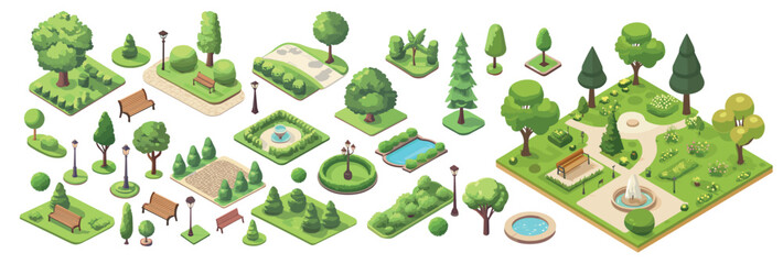 park elements flat isometric. trees plants bushes lamppost fountain bench shahon flowers, infrastructure summer city walk landscape design vector illustration