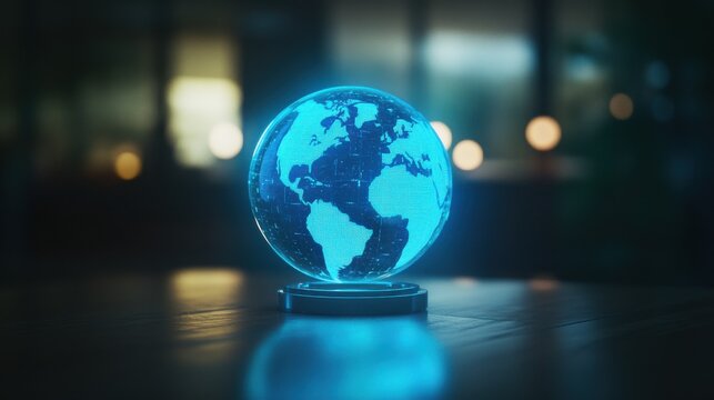 Glowing blue business chart hologram with globe on blurry background. Stock, trade and finance concept. 3D Rendering illustration