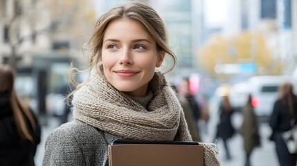 Young woman smiling in urban setting with scarf and notebook