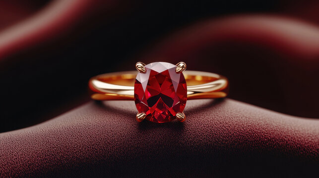 Crimson Jewel: A captivating close-up of an oval-cut ruby ring nestled on luxurious burgundy silk, showcasing its rich crimson color and exquisite craftsmanship.