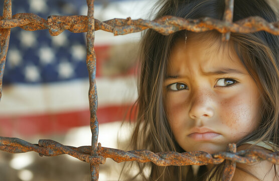 An impoverished young girl looks sadly beyond a rusting metal fence at the American border, she is serious and afraid, Wide landscape format with copy space. 