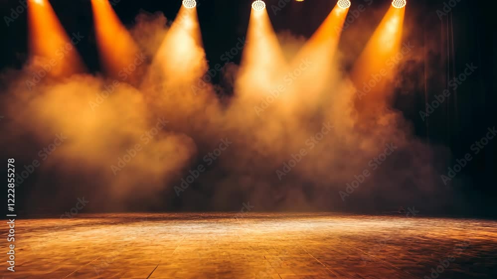 Poster smoke filling an empty stage illuminated orange lights, creating a dramatic and atmospheric setting 