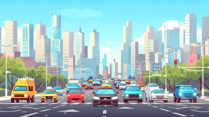 Naklejka premium Urban City Traffic Congestion with Various Vehicles in Downtown Street Scene