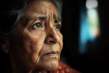An older hispanic or latino woman looks concerned and unhappy, in fear of deportation. Wide landscape format with copy space 