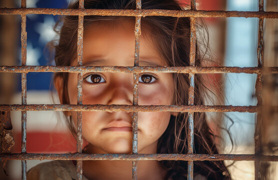 An impoverished young girl looks sadly beyond a rusting metal fence at the American border, she is serious and afraid, Wide landscape format with copy space. 