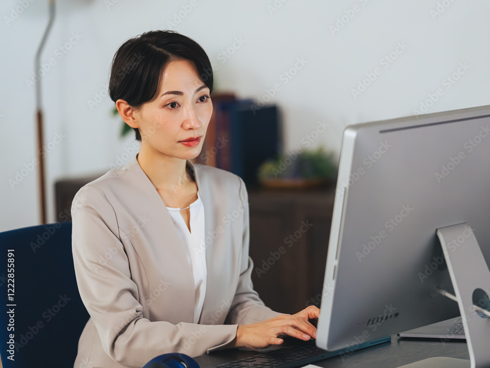 Aufkleber ビジネス、女性、オフィス、パソコン、PC、仕事、事務、バックオフィス、経営、システム、エンジニア、ソフトウェア、人材、キャリアウーマン、ビジネスウーマン、フリーランス、個人事業主、ディスプレイ、モニター、在宅勤務、テレワーク、職場、管理職、ミドルエイジ、30代、40代、検索、インターネット、オンライン、web、開発、アプリ、DX、デジタルトランスフォーメーション、IT、ICT、会社員、モダン、室内