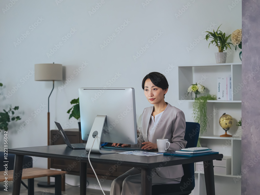 Leinwandbilder ビジネス、オフィス、女性、キャリアウーマン、ビジネスウーマン、デスクワーク、パソコン、PC、暗い、夜、残業、仕事、働く、作業、事務、経営、経理、一人、上司、管理職、ミドルエイジ、中年、日本人、DX、デジタルトランスフォーメーション、インターネット、オンライン、ウェブ、研究、リサーチ、エンジニア、システム、開発、プログラミング、デスク、中小企業、スタートアップ、ベンチャー、企業、スーツ、シリアス、バ