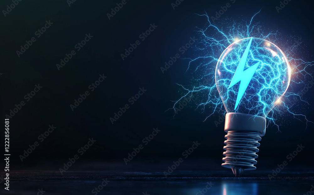Poster glowing light bulb with electric sparks symbolizes energy and innovation. blue lightning effect adds