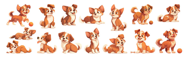 puppy cartoon set. cute spotted white brown dog, funny little animal character playing ball collar bone domestic pet vector illustration