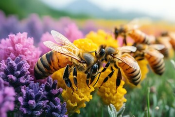 Fototapeta premium Buzzing artisans crafting golden honey among vibrant wildflowers in a serene natural landscape. Generative AI