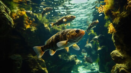 Obraz premium A vibrant underwater scene showcasing a salmon swimming above a bed of smooth stones.