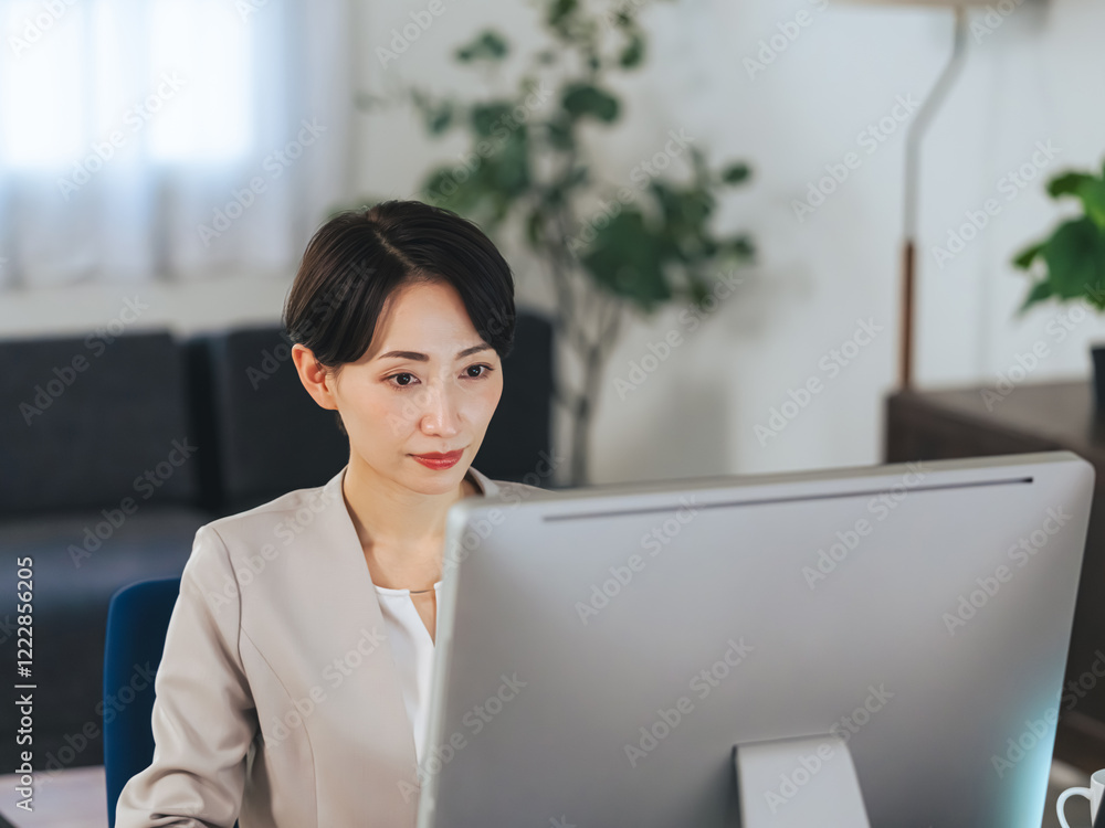 Leinwandbilder オフィス、女性、ビジネスウーマン、ビジネスパーソン、キャリアウーマン、PC、パソコン、仕事、ビジネス、IT、スキル、資格、副業、データ、デジタルトランスフォーメーション、DX、ICT、エンジニア、システム、ソフトウェア、オンライン、インターネット、web、インテリア、室内、ビジネスシーン、オフィスシーン、ミドルエイジ、30代、40代、日本人、働く、事務、バックオフィス、フリーランス、経営、経理、個