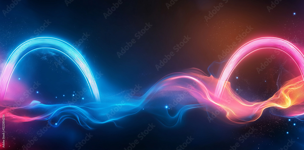 Poster vibrant abstract background with flowing blue and pink light waves, creating dynamic and energetic a
