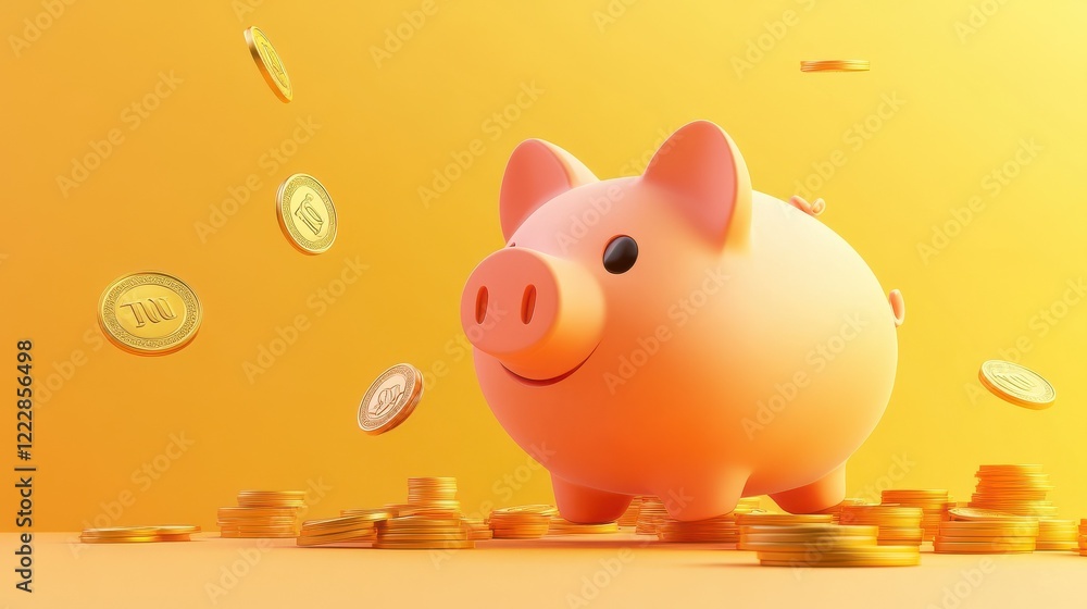 Poster 3d cartoon style piggy bank saving icon with coins. isolated minimal background. banking and busines