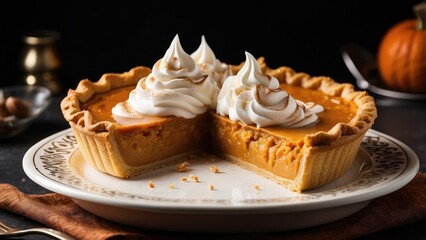 A freshly baked pumpkin pie with a golden-brown crust,