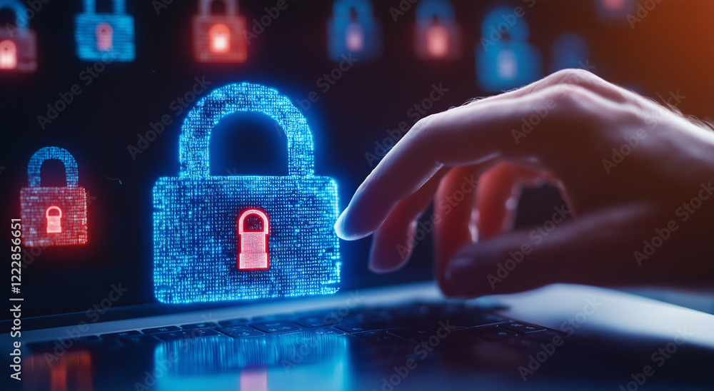 Poster hand is reaching towards digital padlock icon on laptop screen, symbolizing cybersecurity and data p