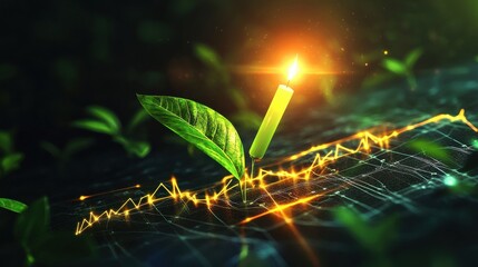 Business investing growth concept with digital world layout and moving up financial chart candlestick on dark background. 3D rendering illustration