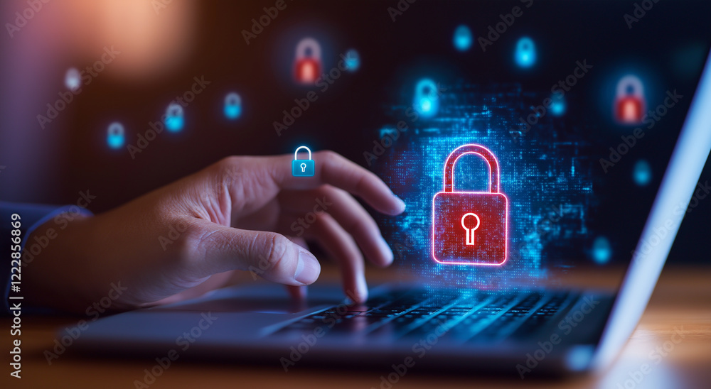 Poster hand is interacting with laptop, displaying digital padlock icon, symbolizing cybersecurity and data