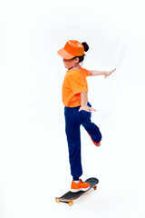 Asian girl play skateboard action on isolated background