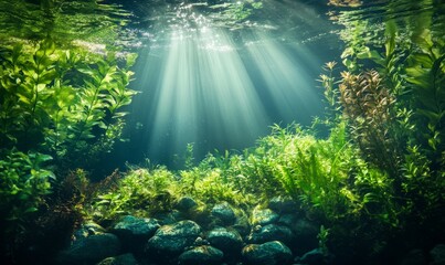 Obraz premium Lush green underwater scene with plants and rocks. The water is clear and the sunlight is shining through the plants