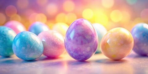 Softly glowing amethyst eggs in a vibrant gradient background with hues of pale pink and baby blue, set against a warm yellow hue, soft focus, pastel colors